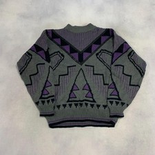 Vintage Abstract Knitted Jumper Patterned Grandad Knit Sweater Men's L