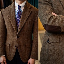 Men Herringbone Tweed Blazer Elbow Patch Notch Lapel Vintage Sport Hunting Coat