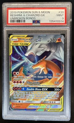 2019 Pokemon SM Unbroken Bonds Reshiram Charizard Tag Team Holo #20/214 PSA 9