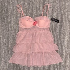 NWT Rampage Pink Ruffled Babydoll Sheer Y2K Fairy Coquette Lingerie Women  s Sz M