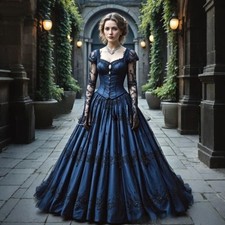 Medieval Victorian Wedding Dresses V-Neck Short Sleeve Lace Beaded Decoration
