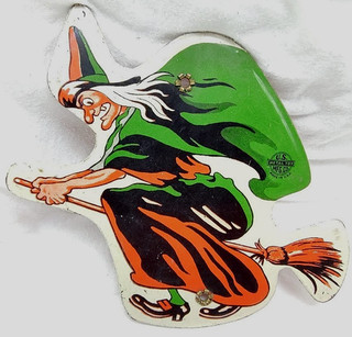 1950's Halloween Witch on Broomstick U. S. Metal Toy Tin Litho Noisemaker