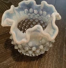 Vintage Fenton Hobnail White to Clear Opalescent Ruffle Edge Glass Vase