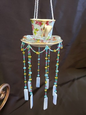 Repurposed Tea Cup Windchime Stained Glass Sun Catcher Window Hanging Indoors