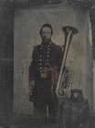 Civil War tintype--Soldier/brass band musician with OTS saxhorn & sword