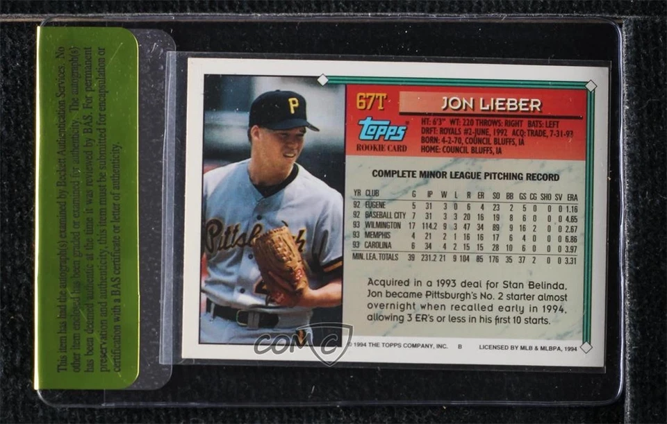 BAS 1994 Topps Traded Box Set Jon Lieber #67T Authentic Auto Rookie RC - Image 2 of 2