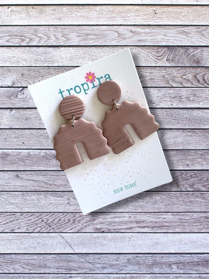 Neutral Arched Taupe Textured Dangling Earrings - Image 2 of 4