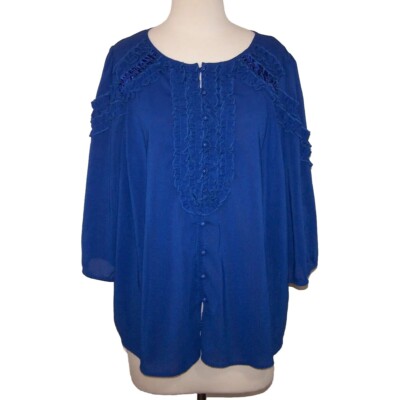 Roamans Shirt Top Womens Plus size 16W Ruffled Button Up Blue 3/4
