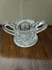 Vintage Clear Cut Glass Sawtooth Sunburst Double Handled Sugar Bowl