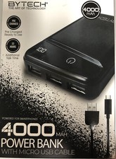 Bytech 4000 MAH Power Bank with Micro USB Cable, Black NEW