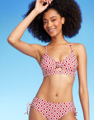 Knot Detail Bikini Top Bottom Swim Set Shade & Shore Red Geo Print 36B Small NEW