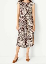 Ann Taylor Petite Mixed Animal Print Tie Wrap Waist Midi Dress Size 4