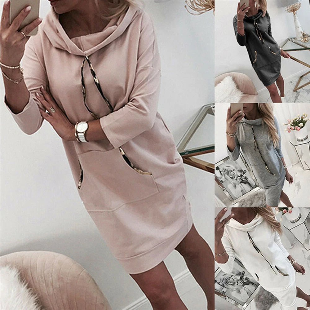Women Casual Long Sleeve Hooded Sweater Dress Ladies Loose Hoodie