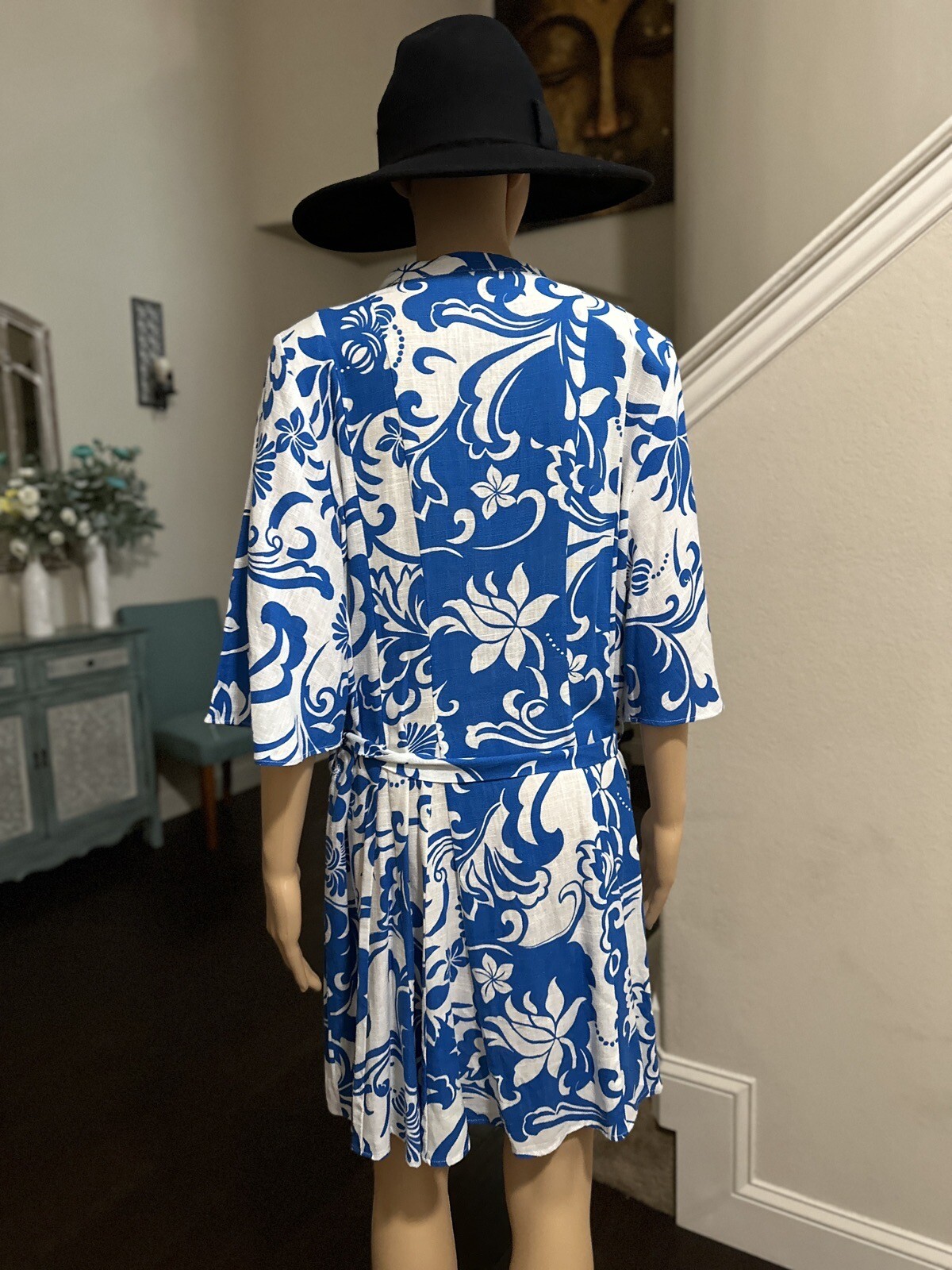 ZARA XL BLUE & WHITE PRINT SHIRT DRESS WITH BELT MINI SHORT LINEN BLEND NWT