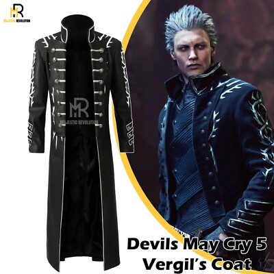 DMC5 Vergil's Black Halloween Mens Coslpay Costume Real Leather Long Trench Coat