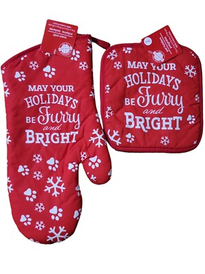 Christmas Kitchen Linens ''May Your Holidays '' Oven Mitt & 2 Pot Holders (3 Pc )