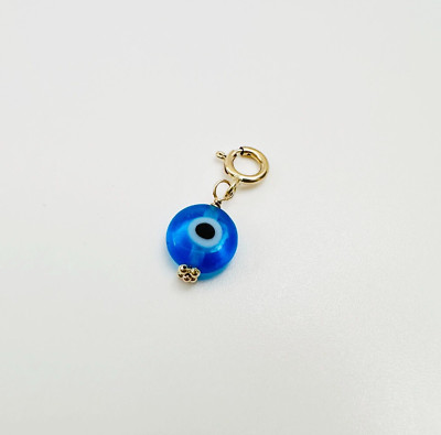 14K Solid Yellow Gold Millefiori Glass 6mm Blue Evil Eye Charm Pendant w/Clasp
