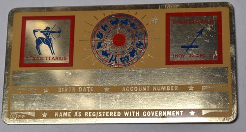 Vintage Sagittarius Engravable Metal Gold Tone Social Security Card
