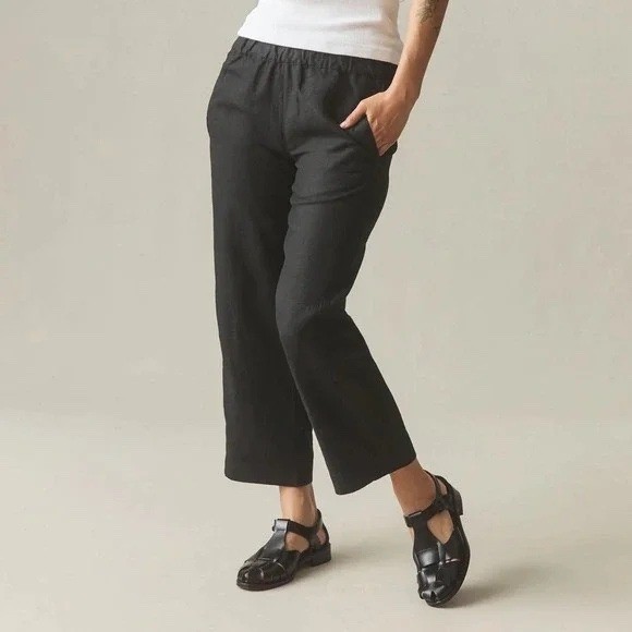 American Giant Black 100 Linen Elastic Waist Cropped Pants Size M