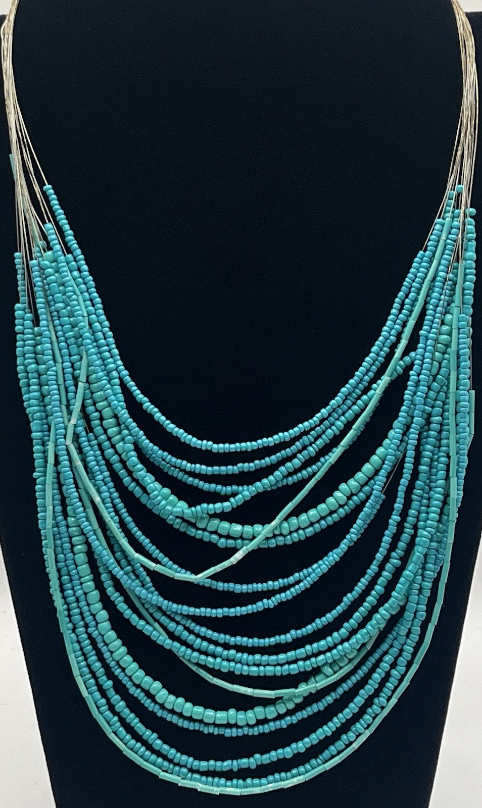 Boho Beach Beauty Multi-Strand Bib Necklace with Tiny Turquoise Color Seed Beads