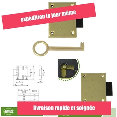 Serrure encastrée meuble Amig 40 mm Laiton doré mat avec clé - Photo 1/4