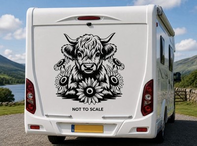 Highland Kuh Blumen Van Aufkleber Sticker Heckscheibe Vinyl Grafik Wohnwagen Camper