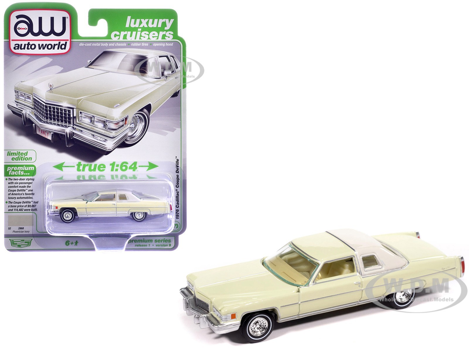 1976 CADILLAC COUPE DEVILLE PHOENICIAN IVORY 1/64 AUTO WORLD 64532-AWSP210 B
