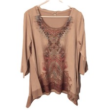 One World Blouse LARGE Scoop Neck 3/4 Sleeve Aztec Boho Indian Soft Art