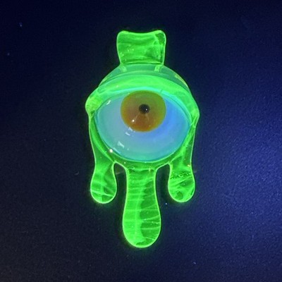 Handmade Art Glass UV Green Drippy Eyeball Pendant Handblown UV Reactive Ion UG