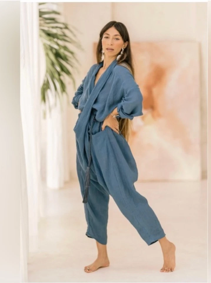 Myrah Penaloza Linen Blend Amma Playsuit Womens M/L Blue Crinkle Drapey Minimal - Image 2 of 4