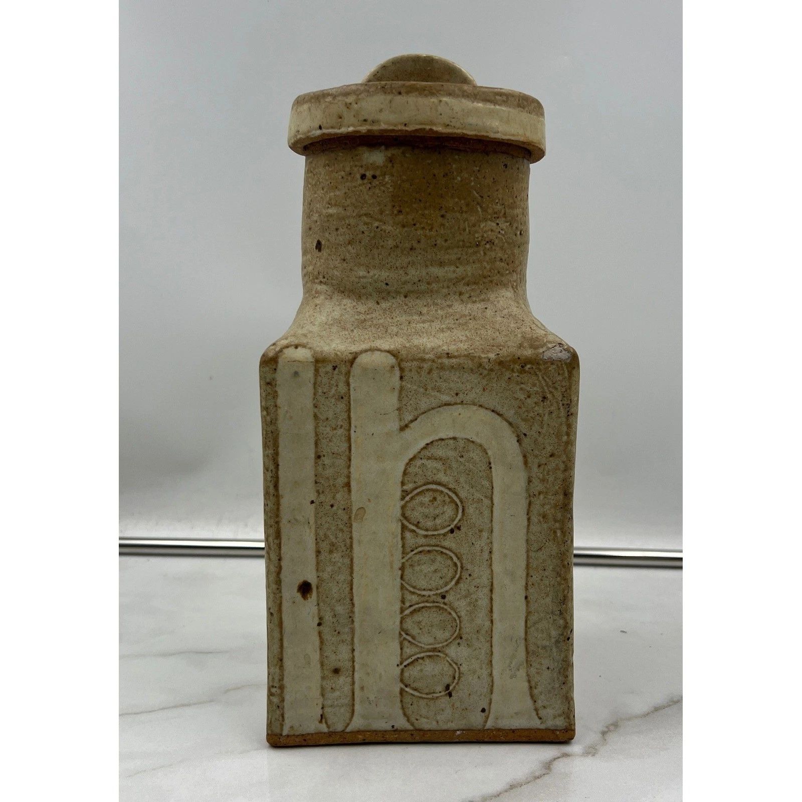 VTG Studio Pottery Lidded Canister Square Stoneware Jar Beige Cream Brutalist