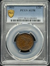 1853 Half Cent Braided Hair PCGS AU-58 BN