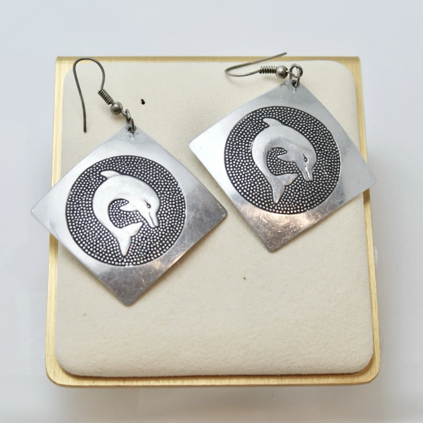 Dolphin Hook Hoop Silver Tone Vintage Earring Jewelry E32