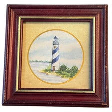 Vintage Lighthouse Watercolor Framed Mini Art Nautical Coastal Decor 4"