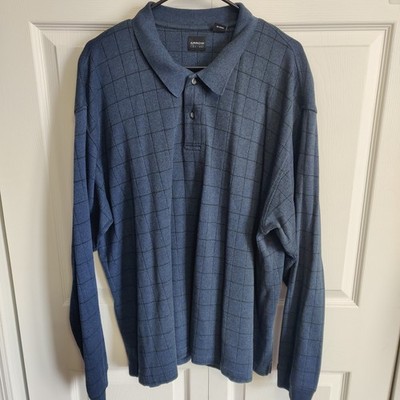 Arrow Men's XXL Blue Long Sleeve Shirt Button Up Polo Striped Checkered Sweater