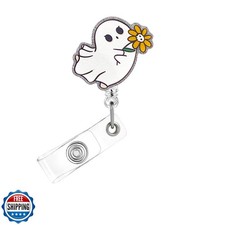 Halloween Badge Reel,Cute Ghost with Floral Acrylic Badge for ID Card Badge,F