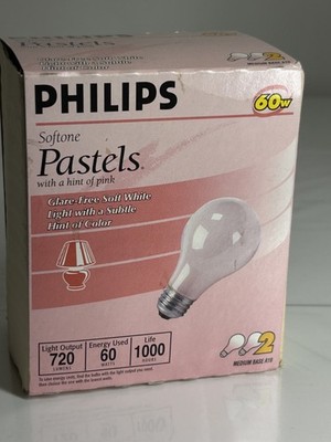NEW Pack of 2 Philips Softone Pastels Hint of Pink 60W Light Bulbs Discontinued