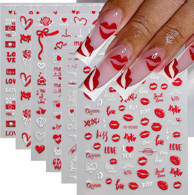 6 Sheets Valentine'S Day Nail Stickers, 3D Red & White Heart Nail Art Decals, Gl