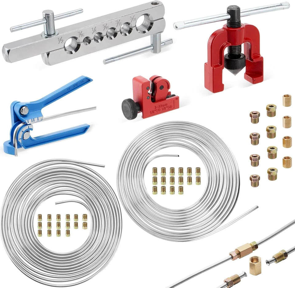 Brake Line Repair Kit 3/16 + 1/4 25 FT Pipe Single Flaring Tool Nuts Fittings A+ - Image 3 of 4