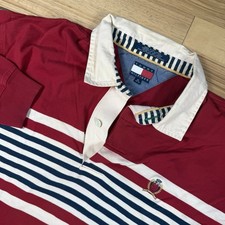VINTAGE 90s Tommy Hilfiger Nautical Stripe Rugby Polo Shirt Mens XL Crest Red