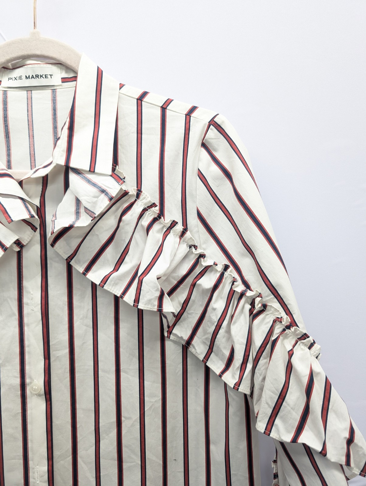 Pixie Market Button- Down Shirt striped Ruffled S… - image 4