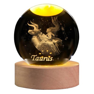 QIANCHANG 3D Laser Etched Taurus Crystal Ball with LED Light 2.4'', 
