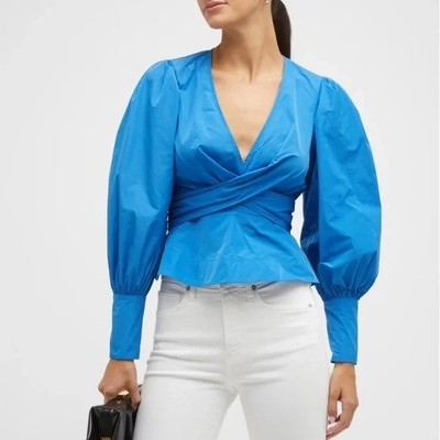 NWT  Veronica Beard Seema Top Bluebell Blue Twist Front Puff-Sleeve Women 8