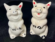 Antique Smiling Pigs Salt & Pepper Shakers White w Corks 2.5"