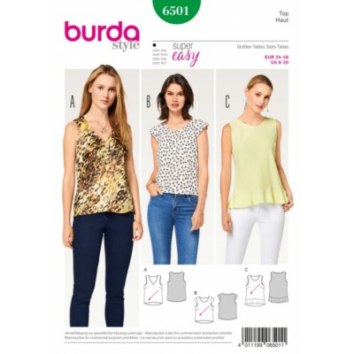 Burda Schnittmuster 6501 Damen Sommer Tops mit Volant Größe 8-20