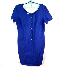 Talbots Linen Button Front Pocketed Dress Womens Size 18 Royal Blue Vintage