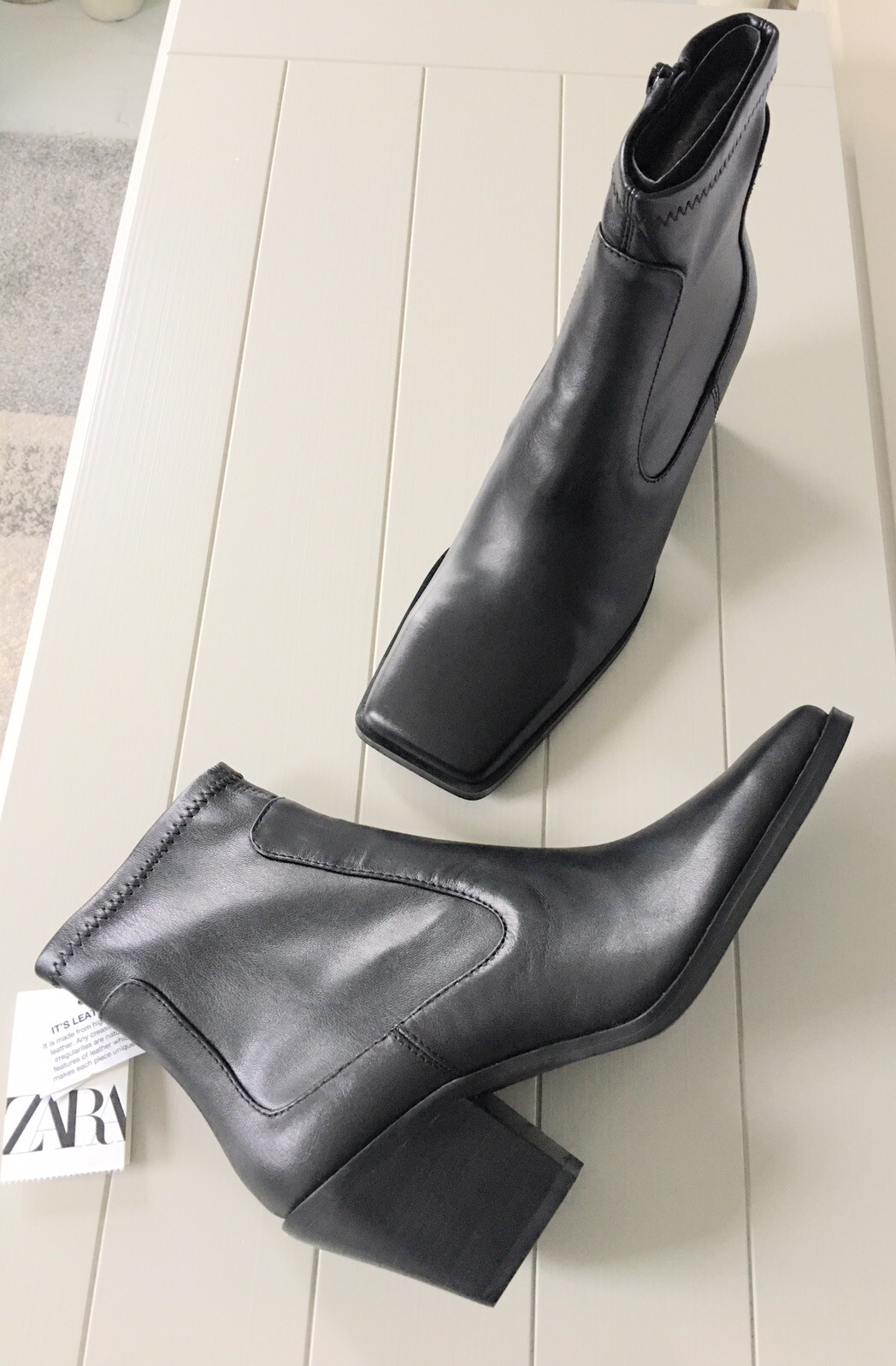 Zara Leather Square Toe Cowboy Heel Stretch Leg Ankle Boots UK5 BNWT RRP £99.99