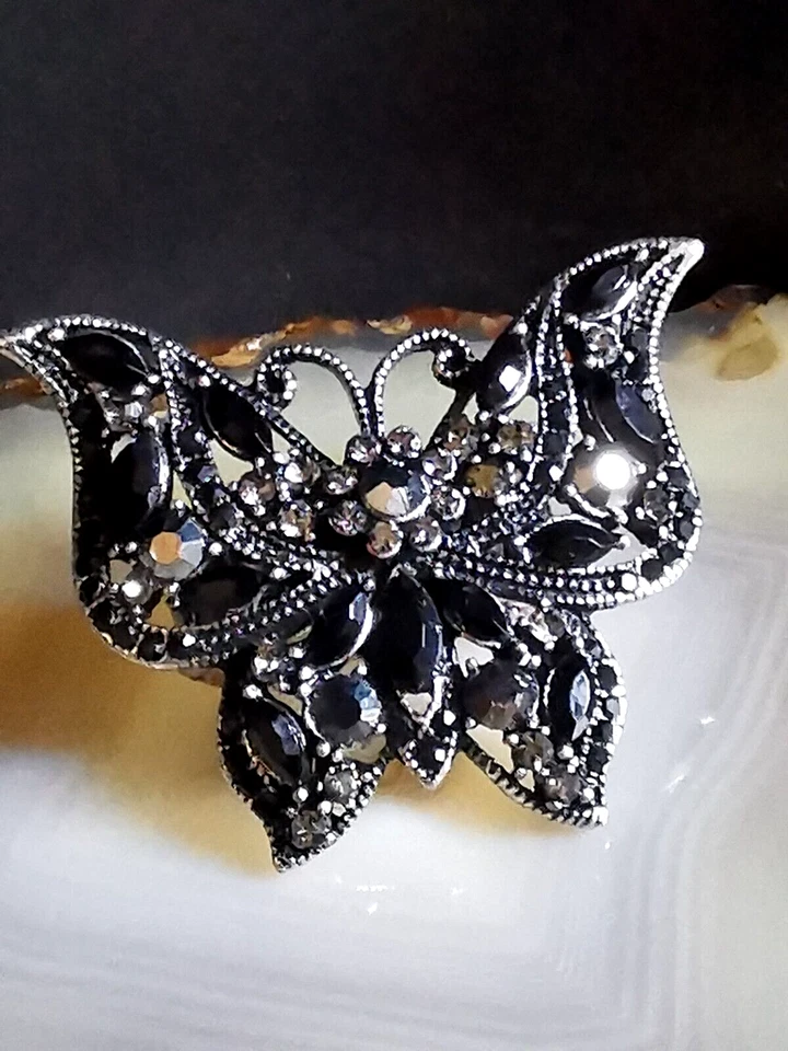 Ring Edelstahl XL Schmetterling Kristalle schwarz opalisierend 23g