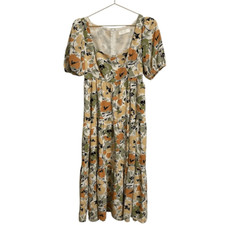 ASTR The Label Floral Puff Sleeve Tiered Midi Dress Sage Rust Orange Small