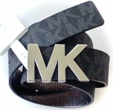 NEW MICHAEL KORS BLACK MONOGRAM PVC,SILVER TONE MK PLAQUE BUCKLE BELT SIZE L